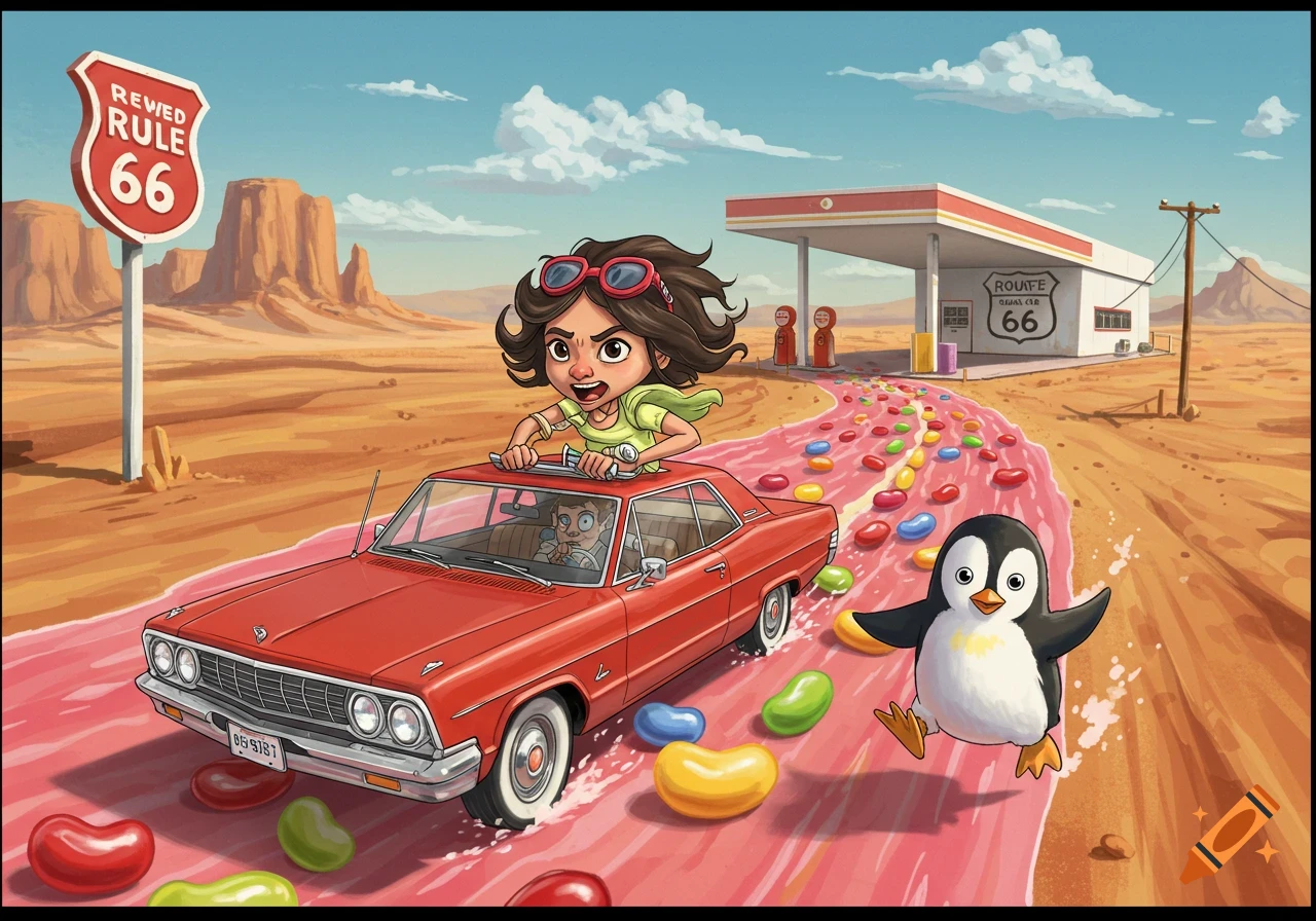 Cartoon girl drives red classic car on jellybean road in desert, chased by penguin, past gas station and Route 66 sign.