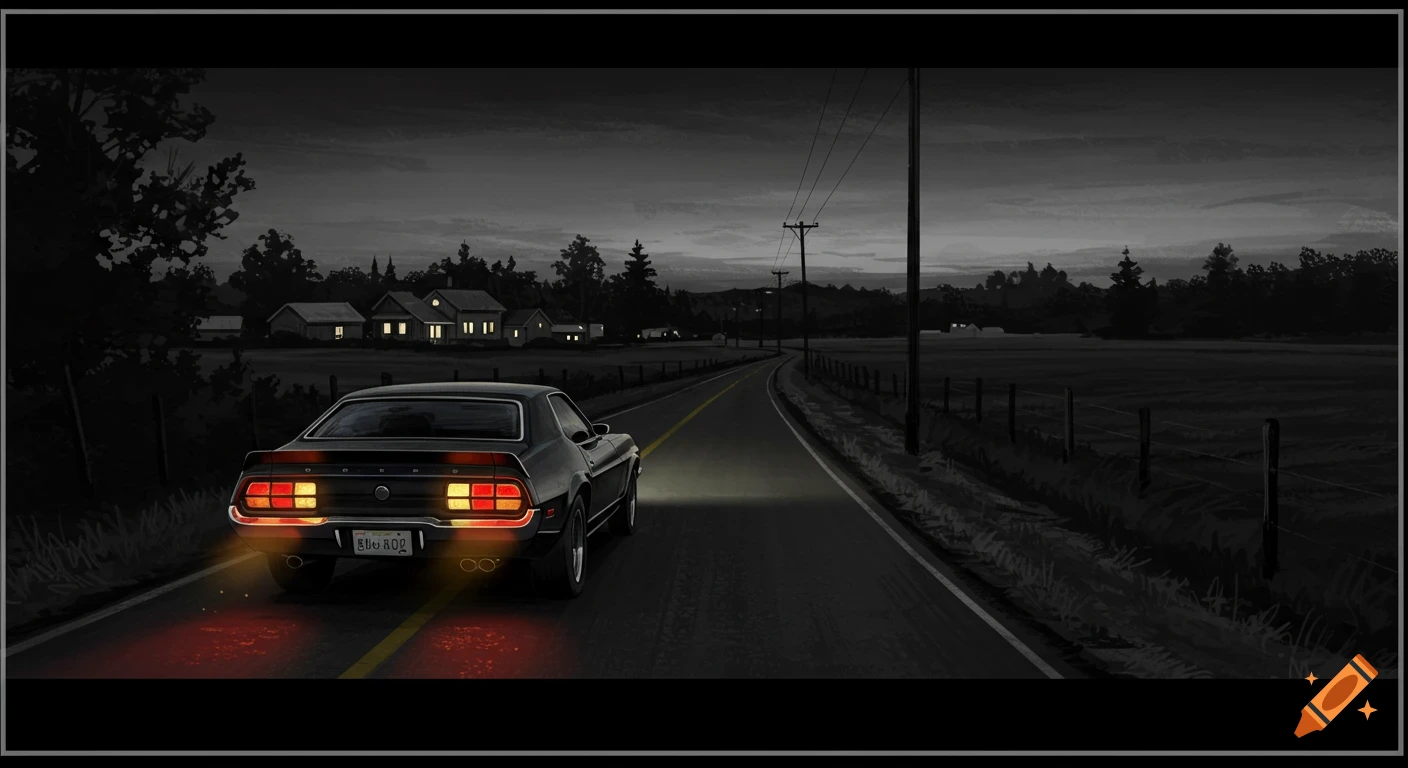 A pencil sketch of a 1970s car with red tail lights driving down a road at night, leaving a town for the countryside.