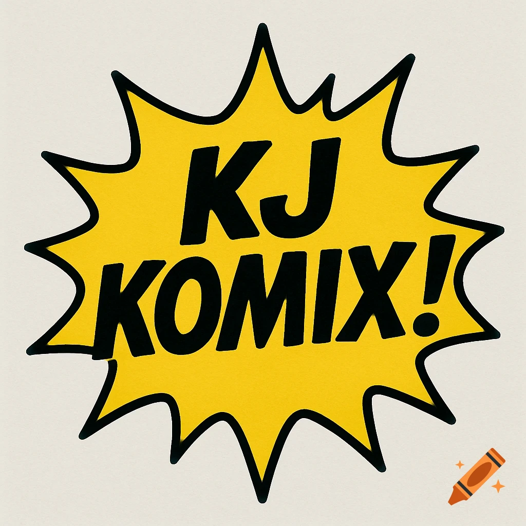 A yellow starburst shape with black text reading "KJ KOMIX!".