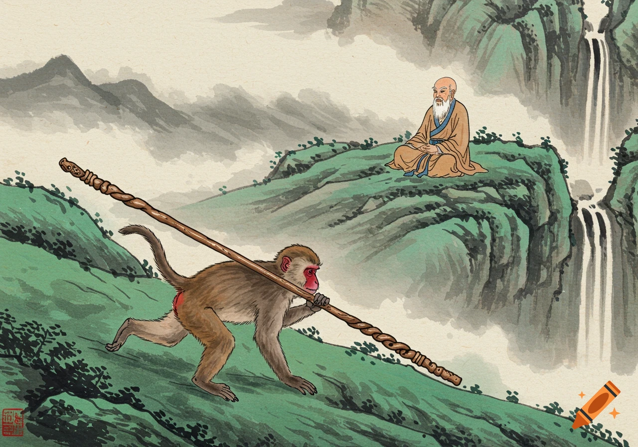 Chinese watercolor of a monkey carrying a staff on a mountainside below a meditating sage with a waterfall.