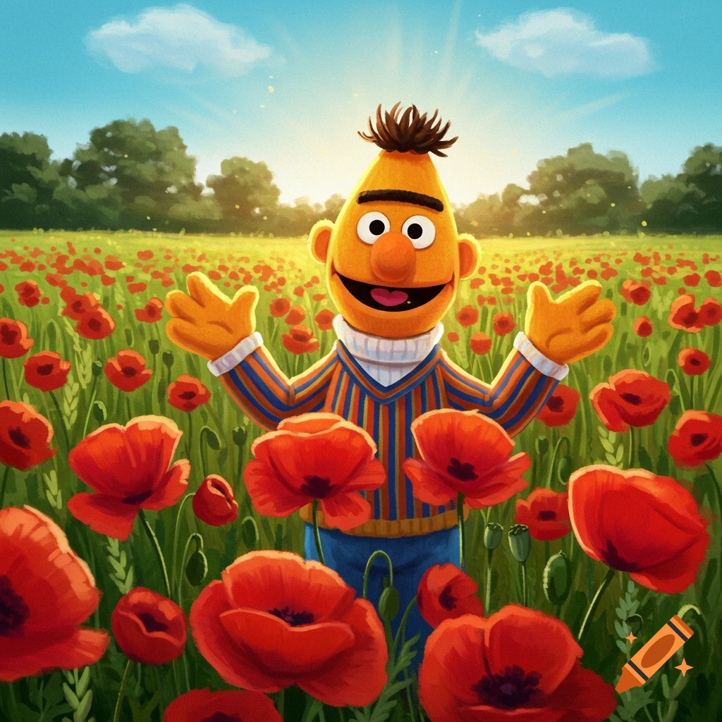 Bert stands in a sunny field of red poppies.