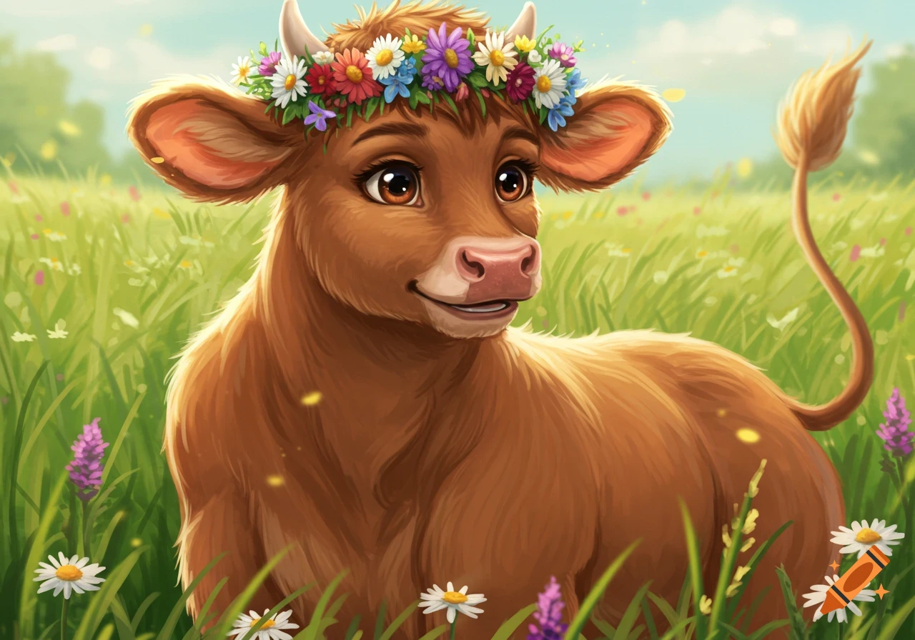 A cute cartoon cow wearing a flower crown stands in a grassy field. on ...