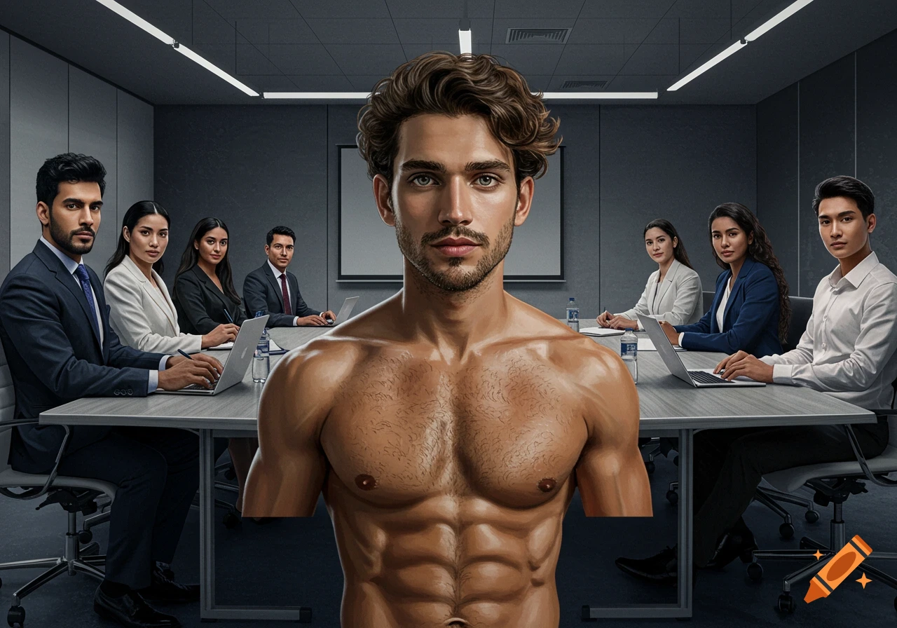 Muscular man in conference room with business people