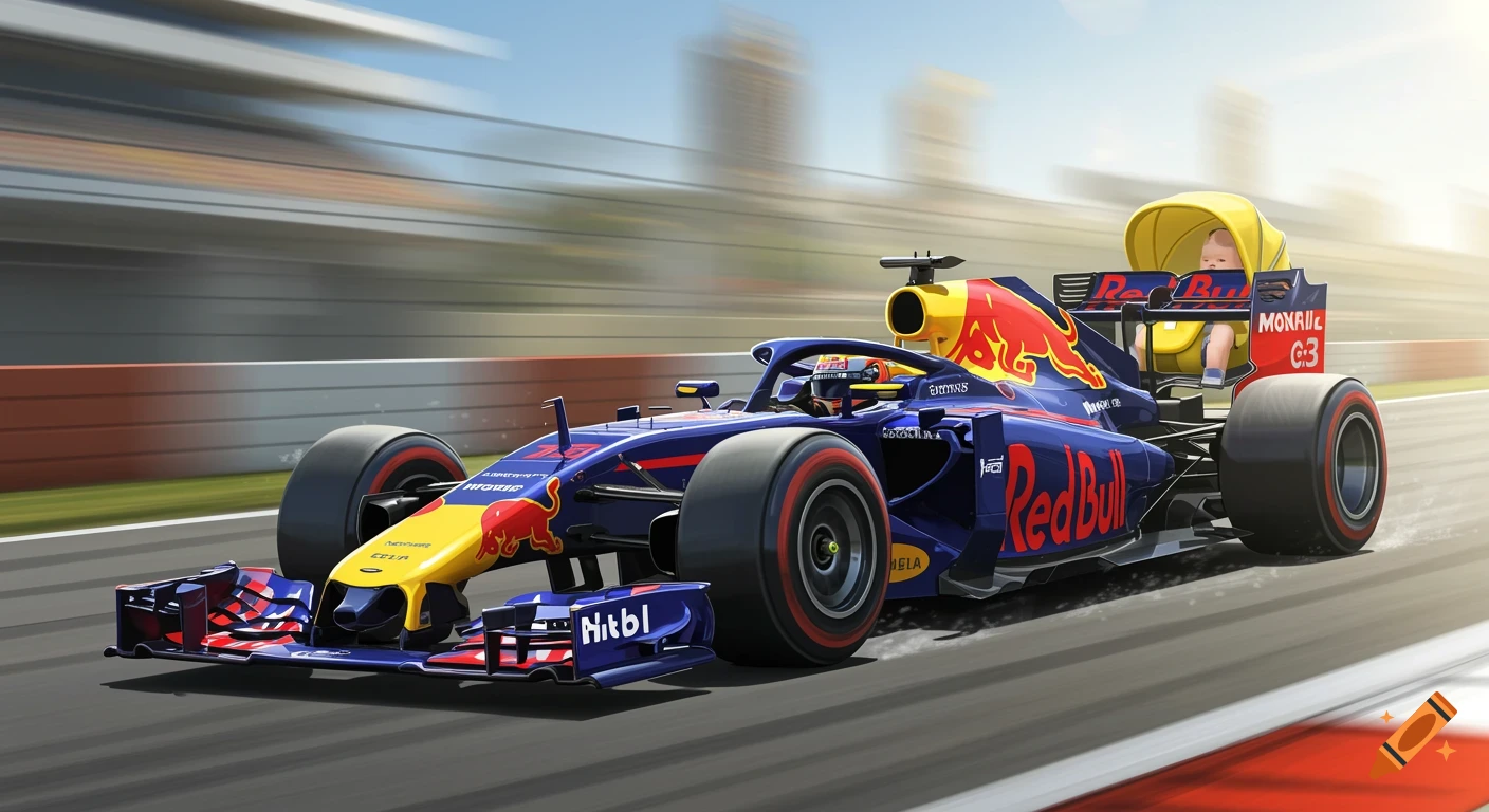 A Formula 1 Red Bull car with a baby in a carrier speeds on a track.