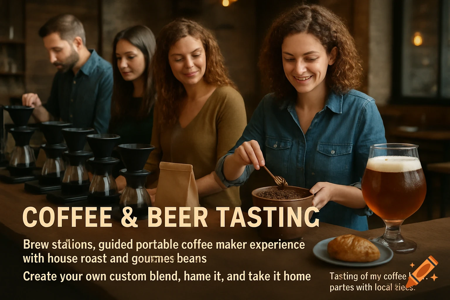 People stand at a counter with coffee pour-over stations and a glass of beer, with overlaid text promoting a Coffee & Beer Tasting.