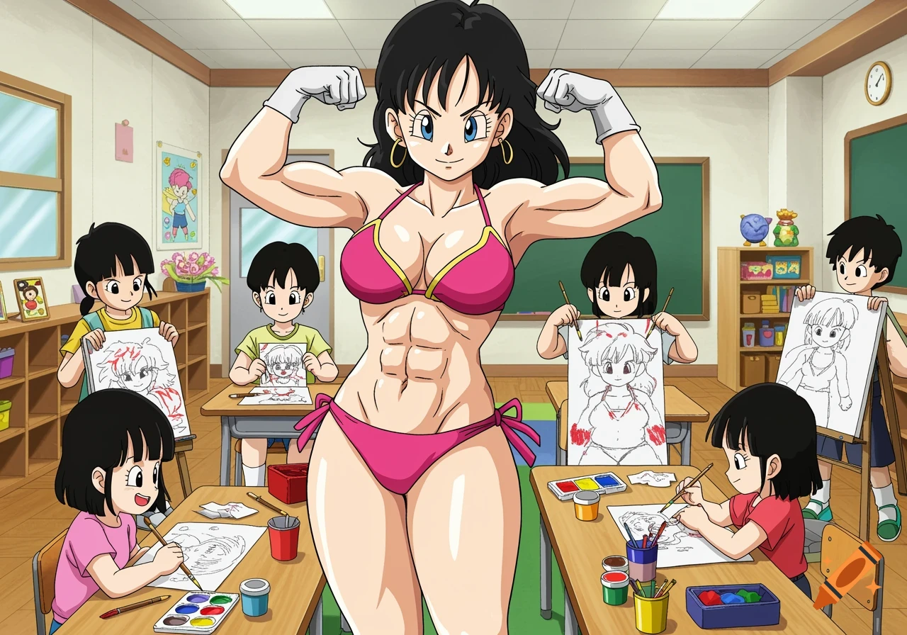 A muscular woman in a pink bikini flexes in a classroom while children draw her in an anime style.