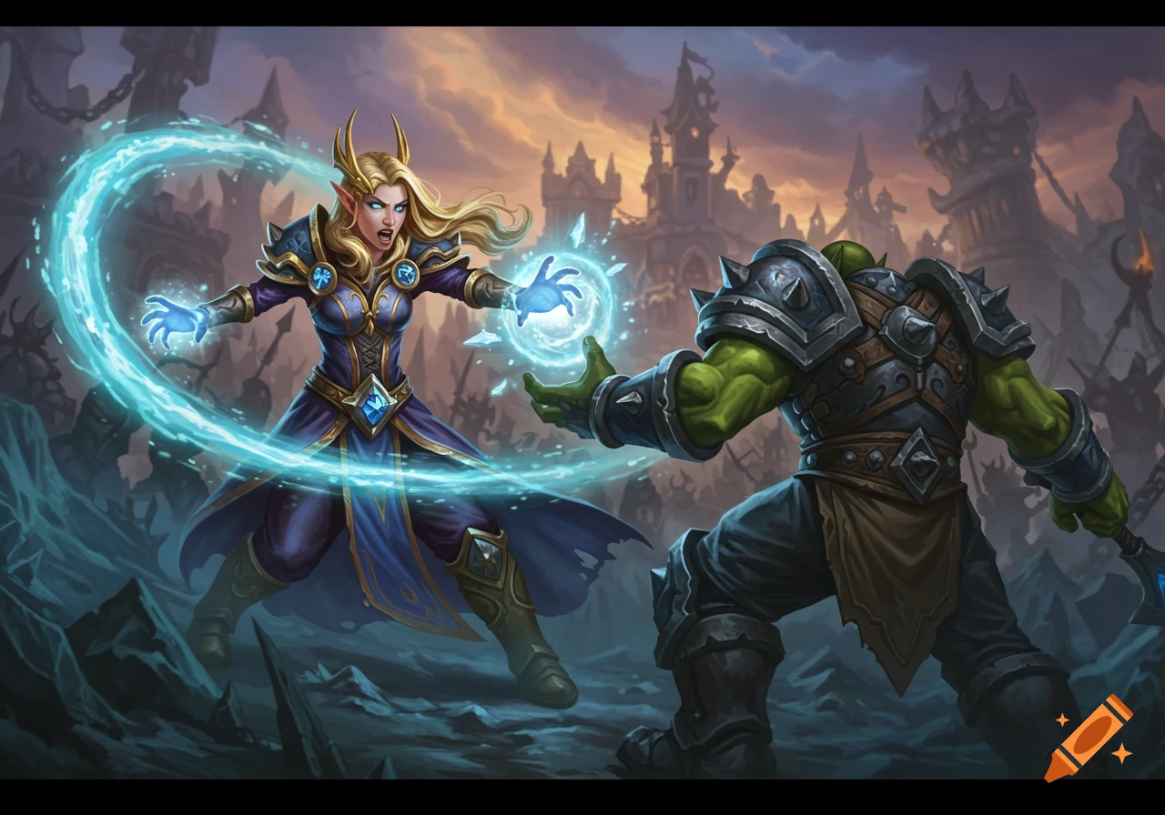 A fantasy illustration of a blonde mage fighting a green orc with blue magic against a castle backdrop.