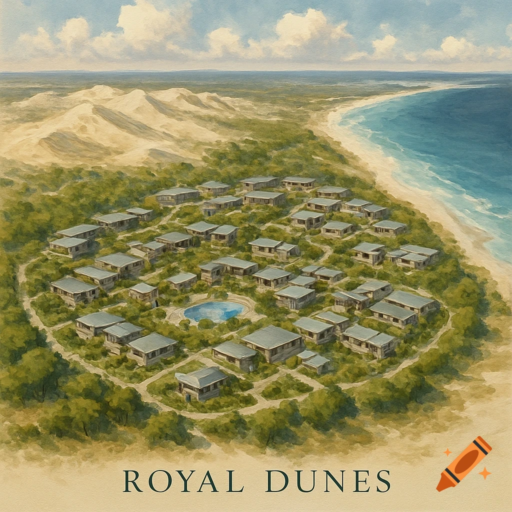 Aerial watercolor painting of a coastal resort complex next to sand dunes and the ocean.