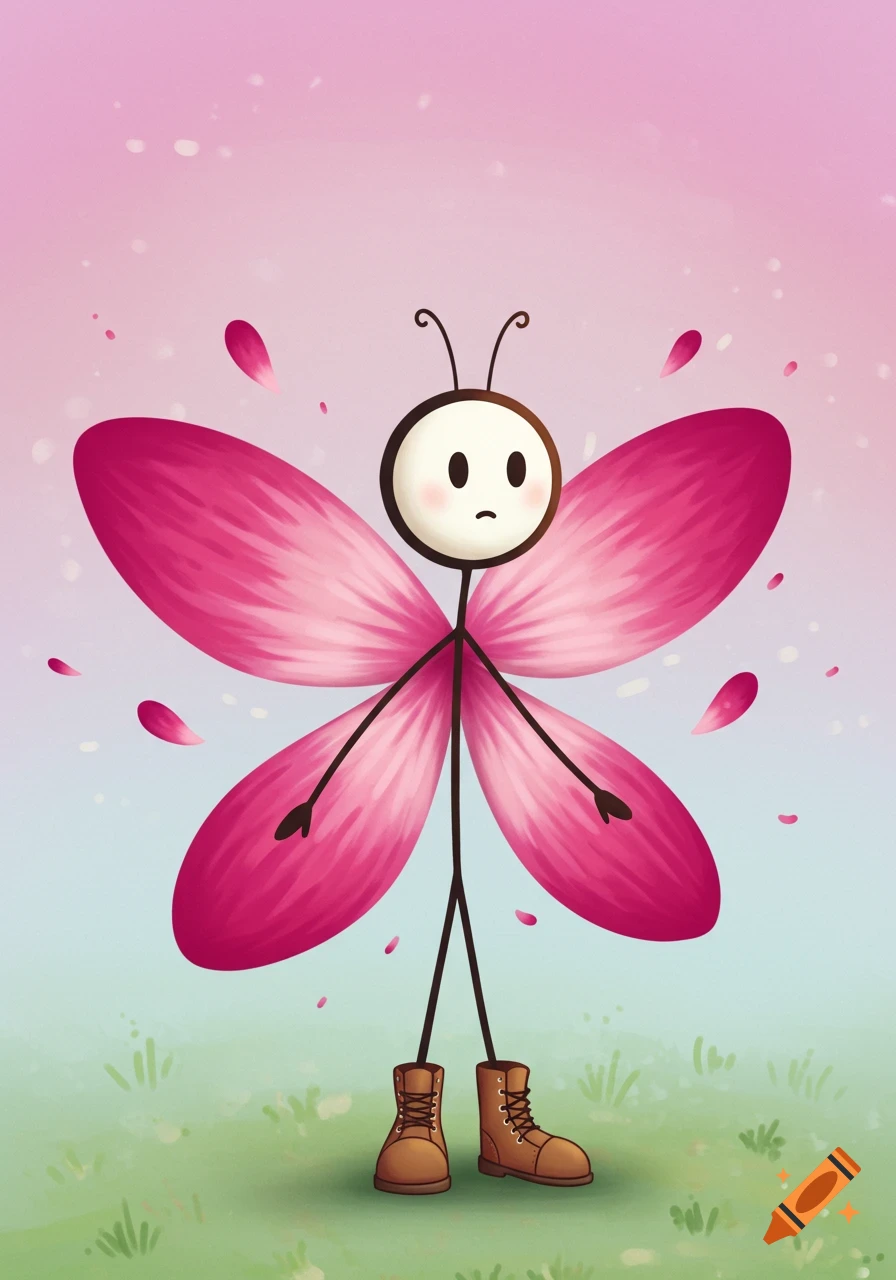 A stick figure character with pink petal wings, stick arms and legs, a circular head with a neutral expression, and brown boots stands in a field with pink petals falling.