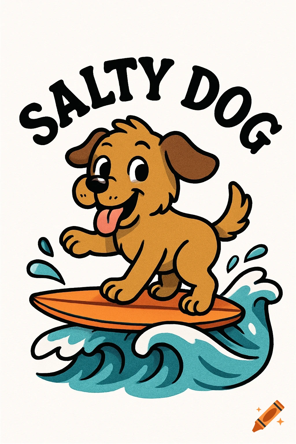 Cartoon dog surfing on a wave with the text Salty Dog