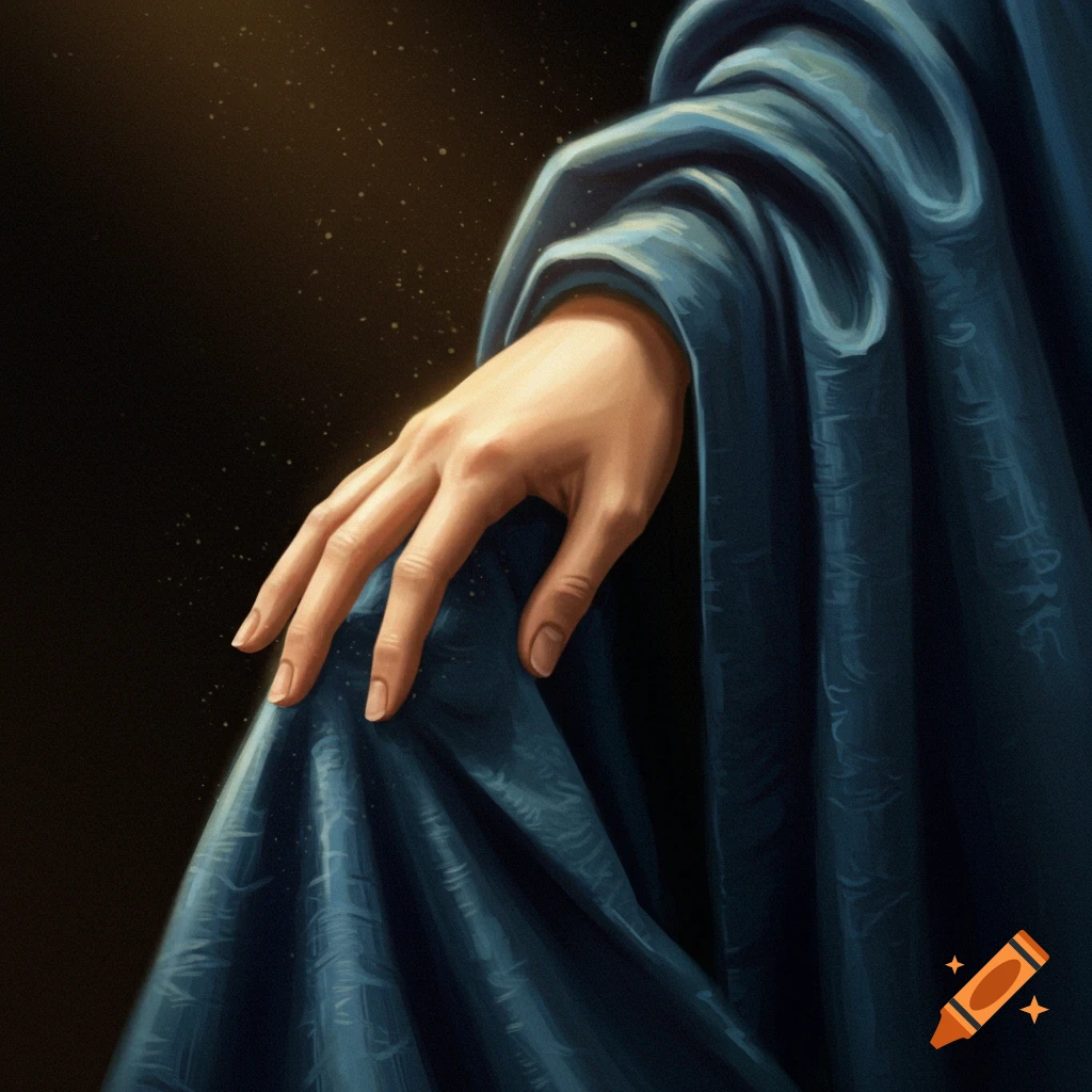 A painted image of a hand reaching for the dark blue hem of a robe.
