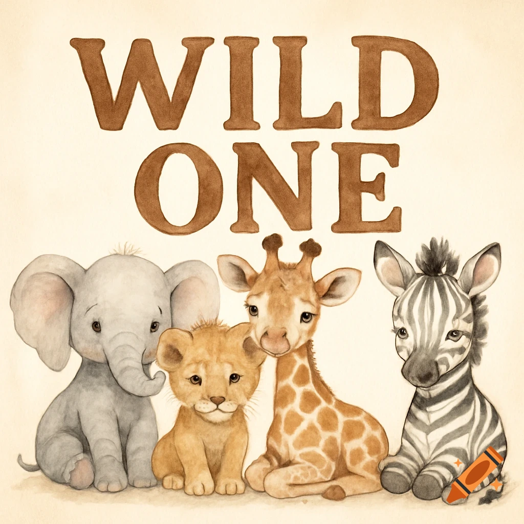 Watercolor illustration of baby elephant, lion cub, giraffe, and zebra sitting below the text 'WILD ONE'.