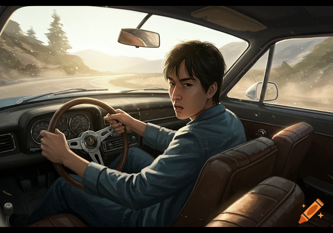 A man driving a car, looking back with a determined expression, daytime.