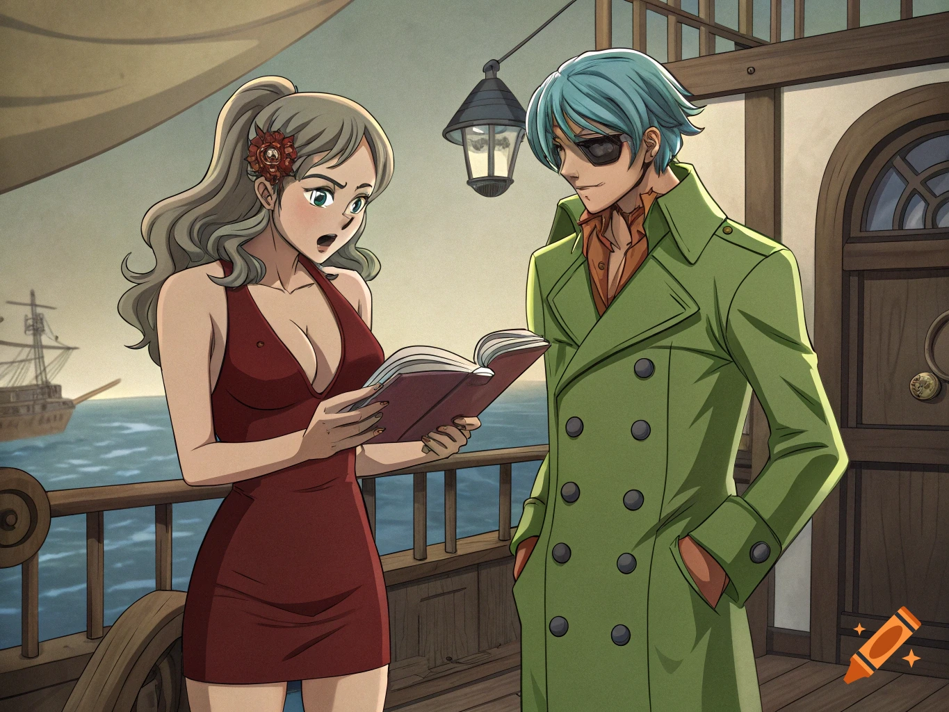 Anime art of a woman reading a book on a ship deck, looking surprised, while a man with an eye patch looks at her.