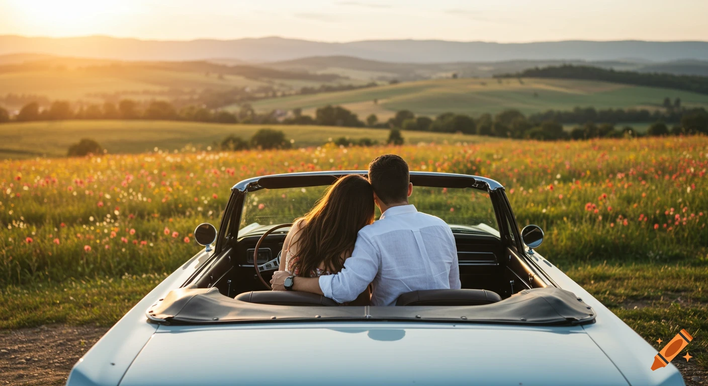 Couple in a convertible overlooking a flower field at sunset.