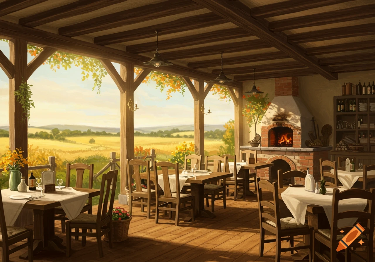 An illustration of a restaurant patio overlooking a golden countryside field under a sunny sky. Tables are set with white cloths and chairs. A brick fireplace is visible inside.
