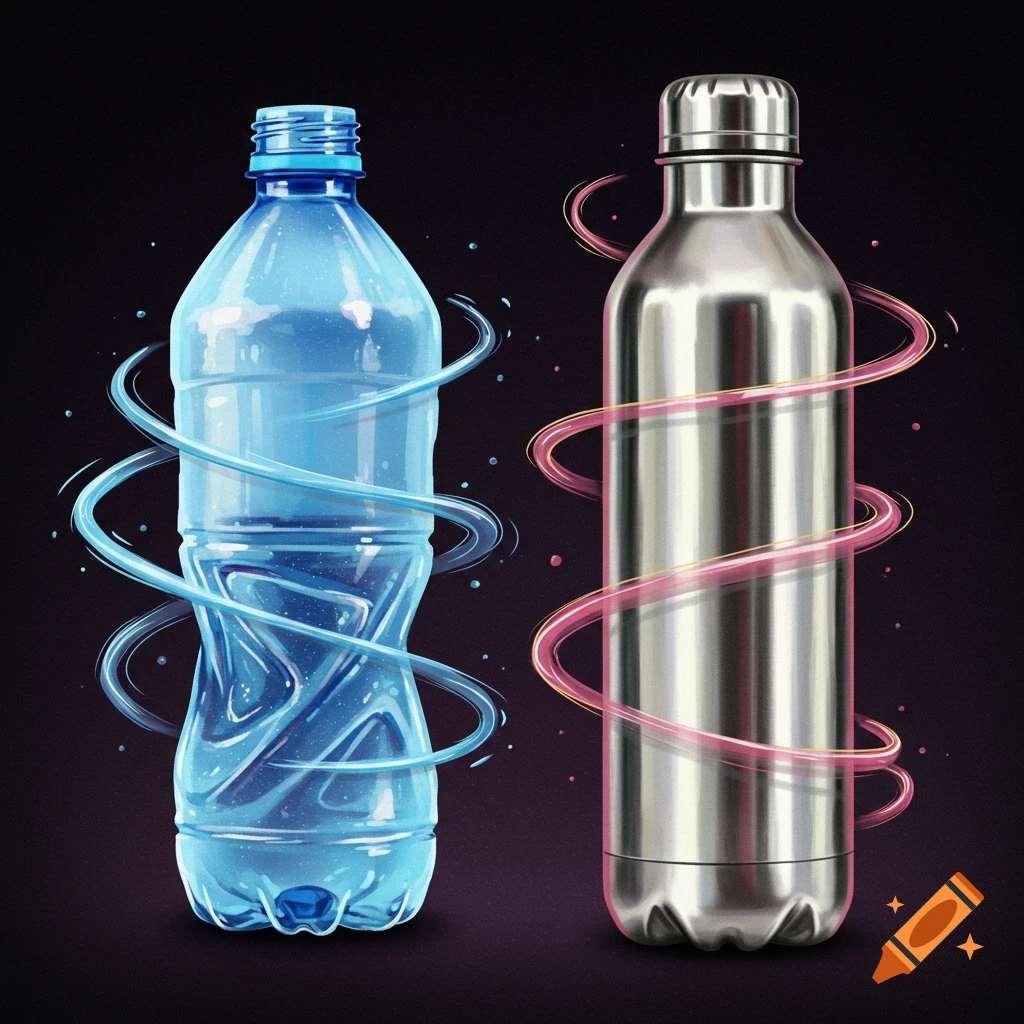 A plastic bottle next to a metal water bottle with swirling energy around them.