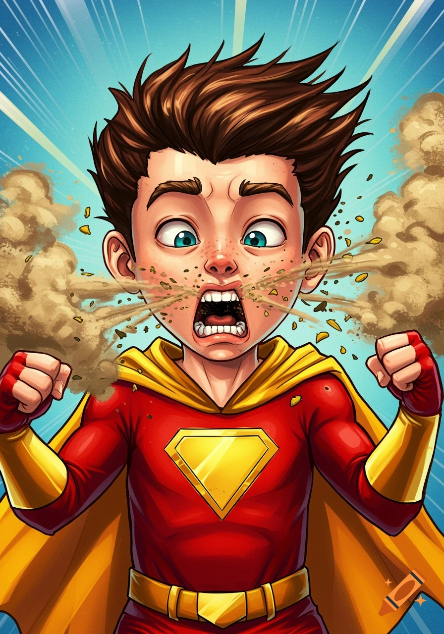 A cartoon illustration of a superhero boy in a red and gold costume sneezing a cloud of dust.
