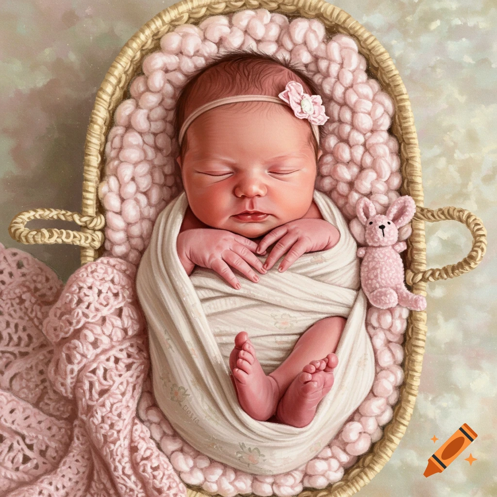 Newborn baby sleeping in a basket with pink bunny toy and blanket. Realistic illustration style.