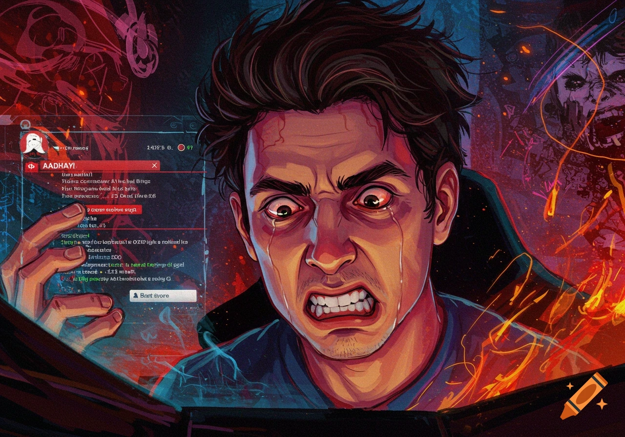 Digital illustration of an angry man looking at a screen with a chat window and abstract background elements.