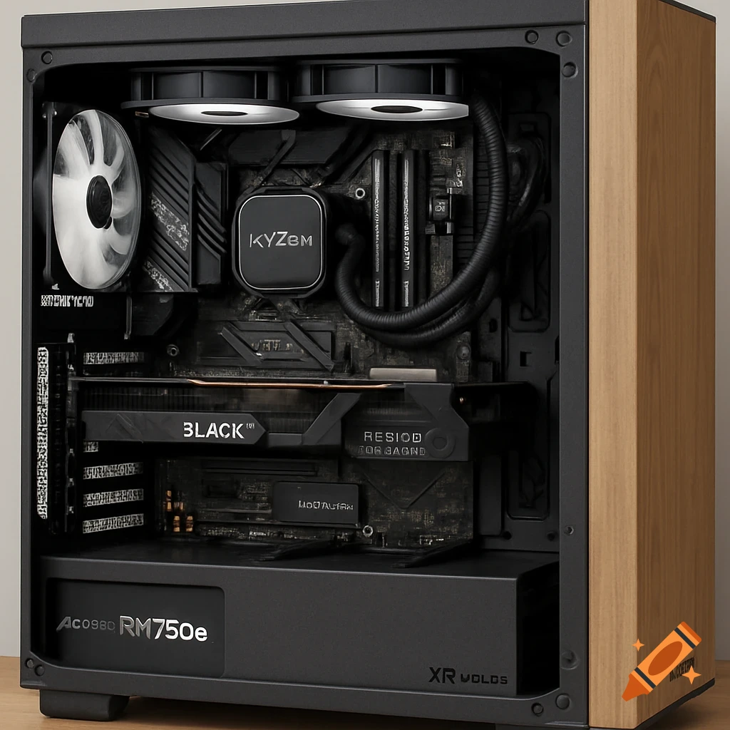 Close-up view inside a PC case showing internal components like the motherboard, GPU, CPU cooler, and power supply, with a wooden side panel.