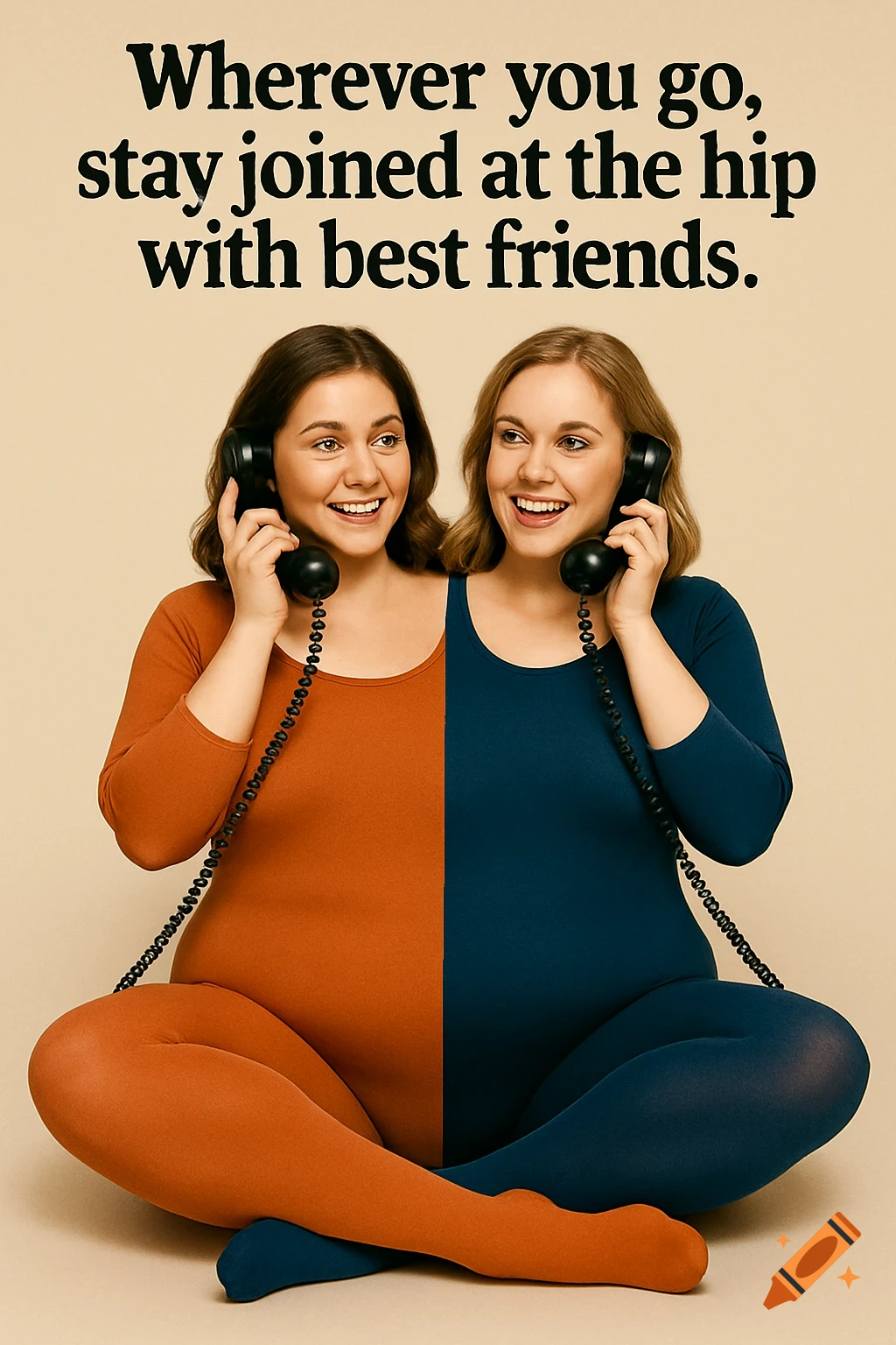 Two women merged into one body, wearing orange and blue leotards/tights, sitting cross-legged talking on phones. Text: Wherever you go, stay joined at the hip with best friends.