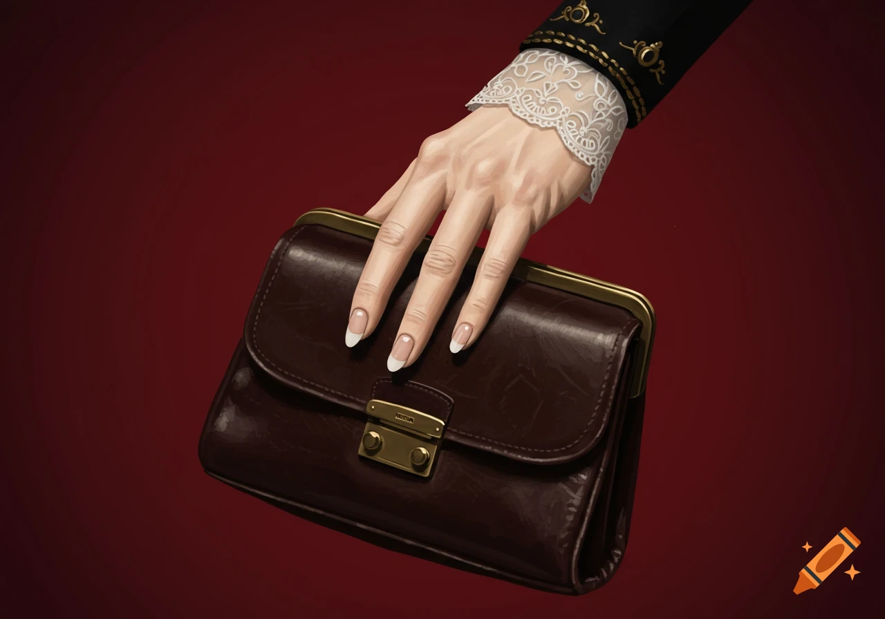 Illustrated hand holding a brown leather purse on a red background.