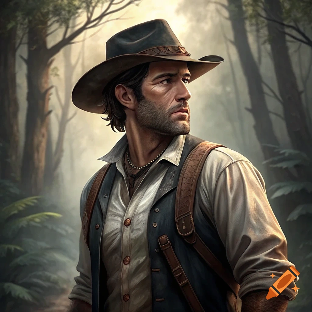 Portrait of a man in a cowboy hat in a forest.