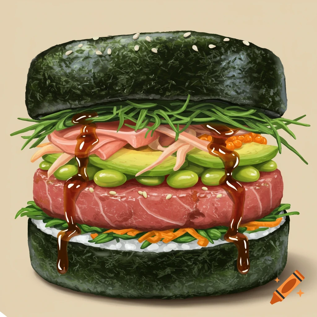 Detailed illustration of a sushi-burger with tuna, avocado, roe, and sauce, using nori as buns.
