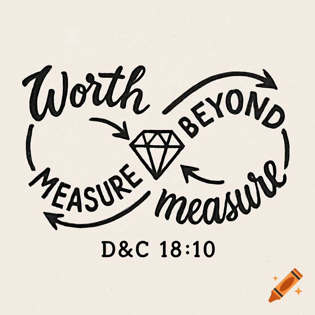Graphic design with text 'Worth beyond measure D&C 18:10' forming an infinity sign with a diamond.
