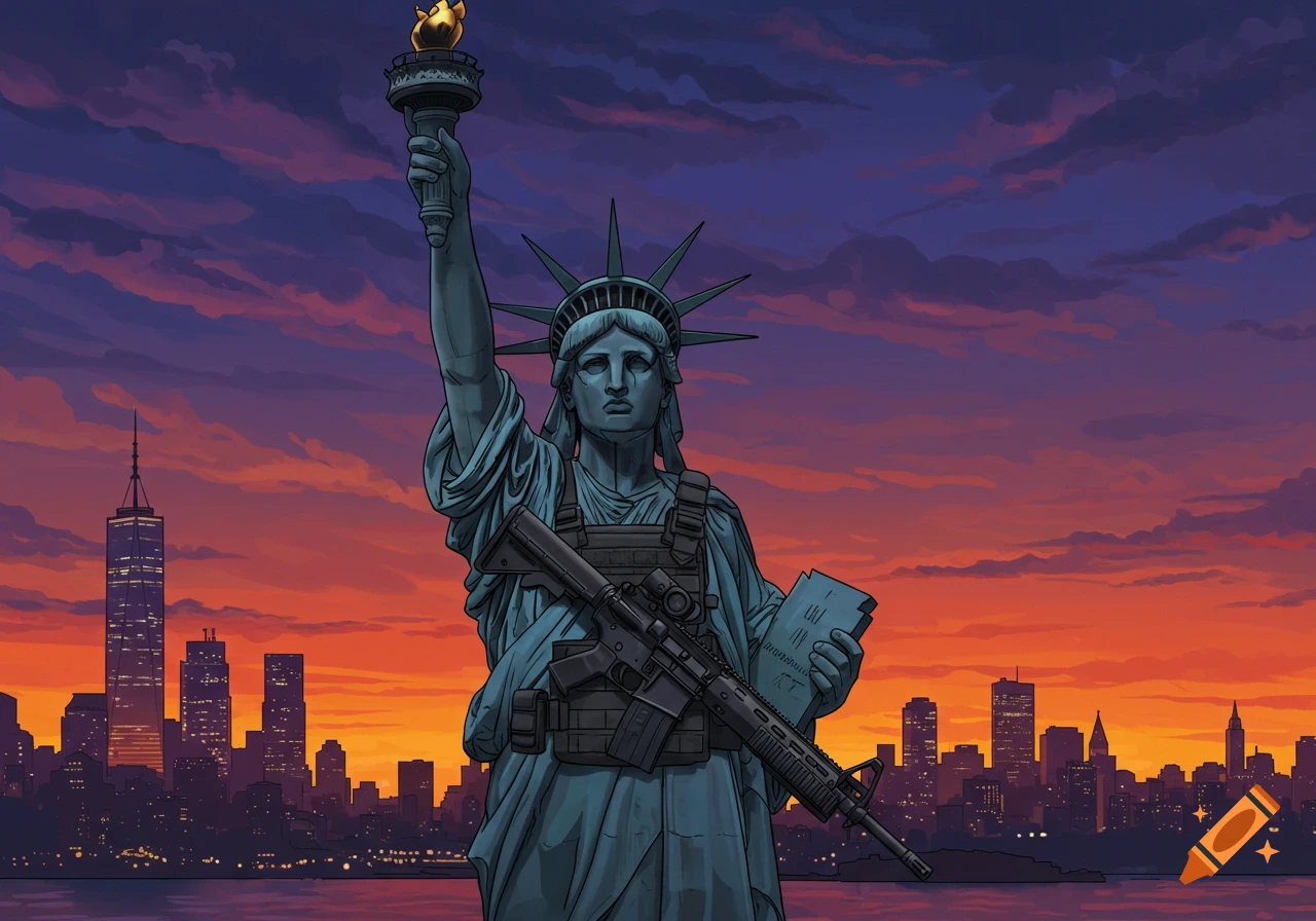 Illustration of the Statue of Liberty wearing a tactical vest and holding an assault rifle with the NYC skyline at sunset