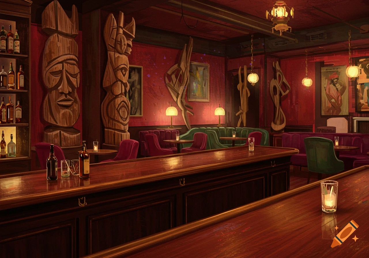 Dimly lit bar interior with tiki statues, plush seating, and art on red walls