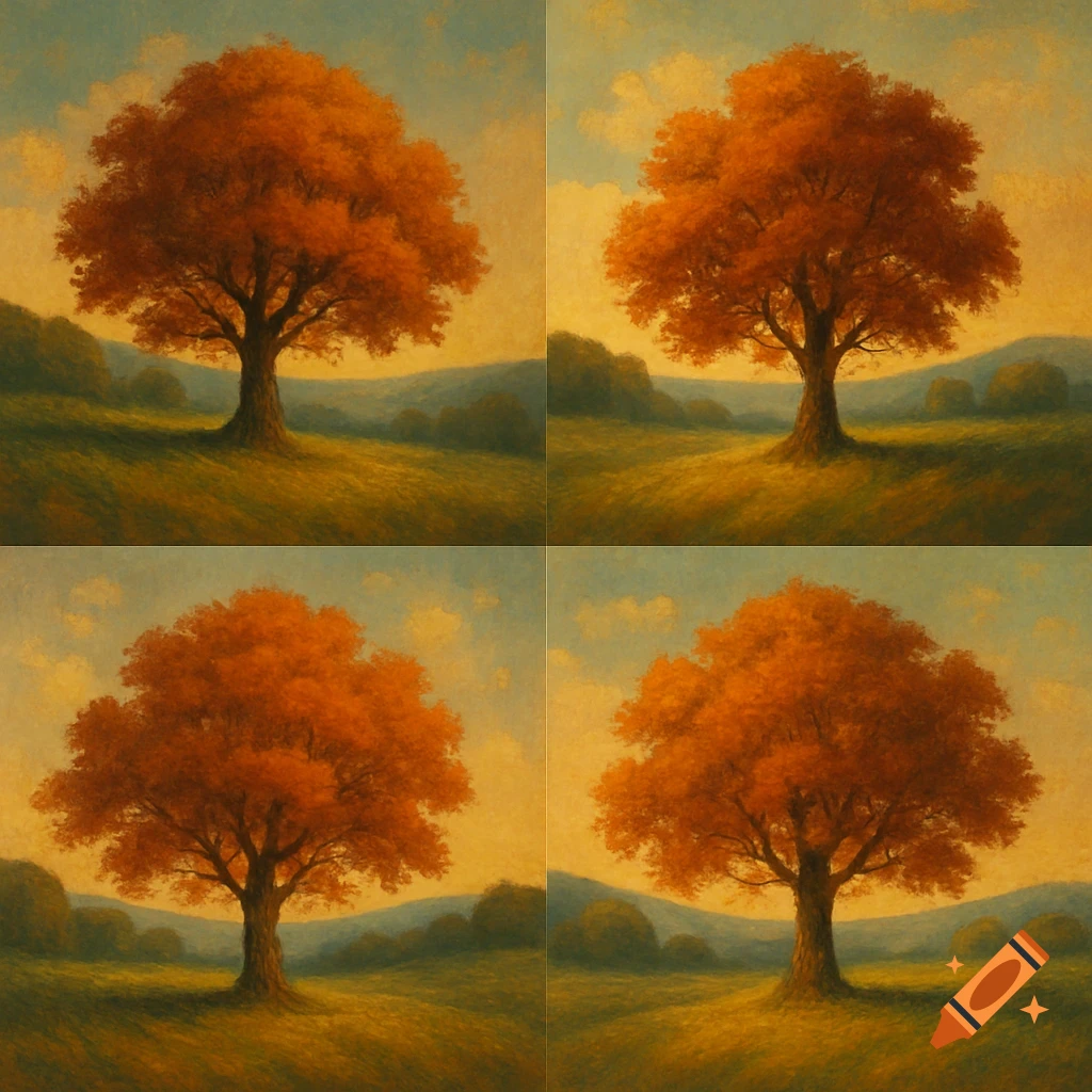 Four panel painting of an autumn tree in a grassy field at sunset.