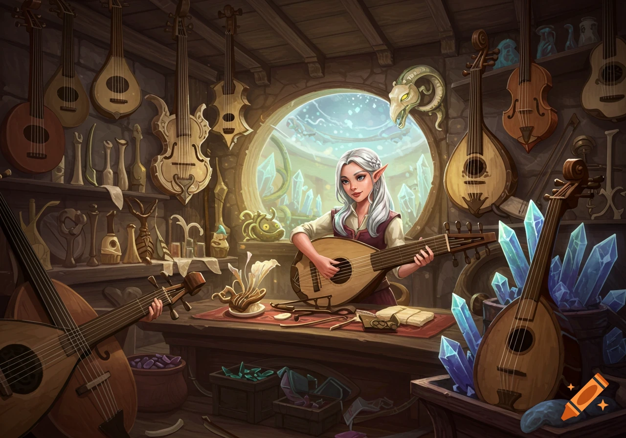 An elven woman plays a lute in a fantasy instrument shop filled with instruments and crystals.