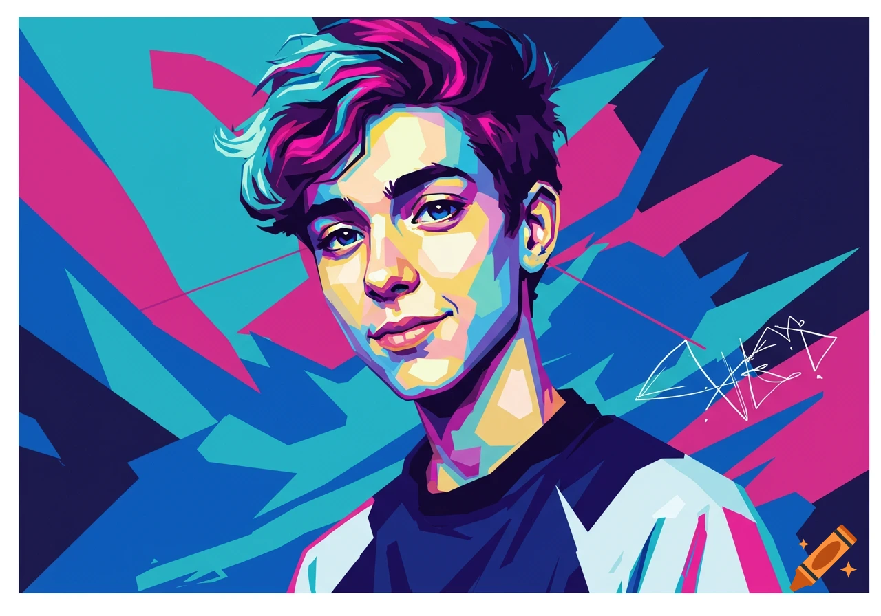 A vibrant pop art portrait of a young person with bright blue eyes against a colorful abstract background.