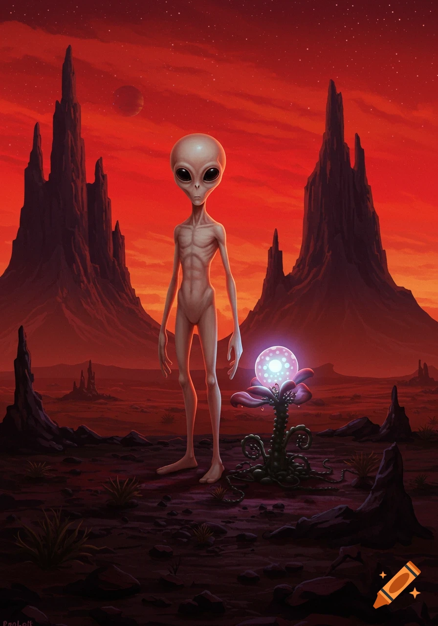 A tall grey alien stands beside a glowing plant on a red alien landscape with jagged mountains and planets in the sky. Digital art.