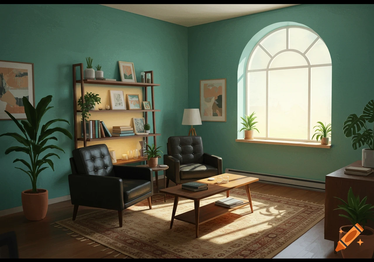 A bright room with seafoam green walls, two black leather chairs, a bookshelf, and a large arched window.