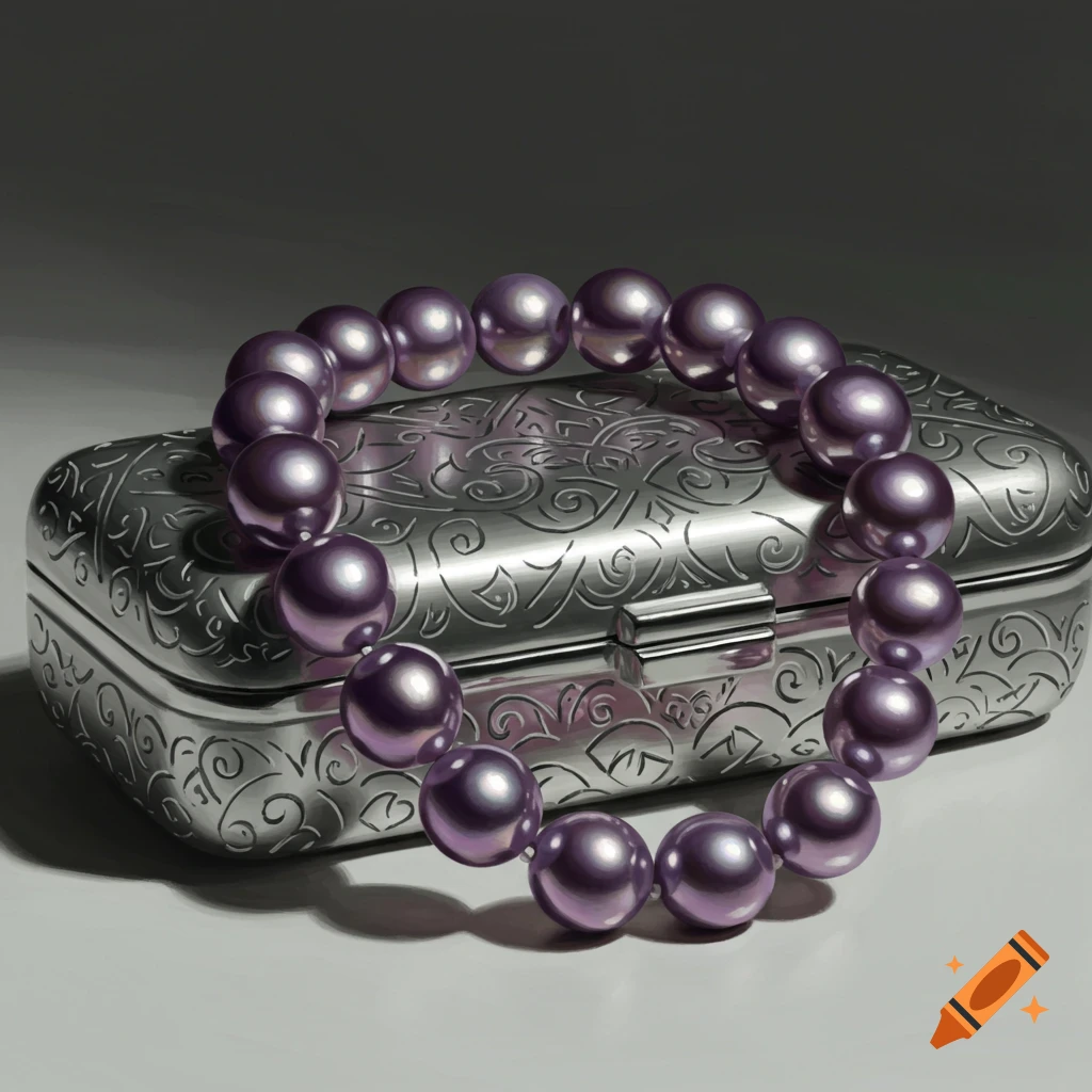 Purple pearl bracelet rests on a patterned silver case, rendered in a painting style.