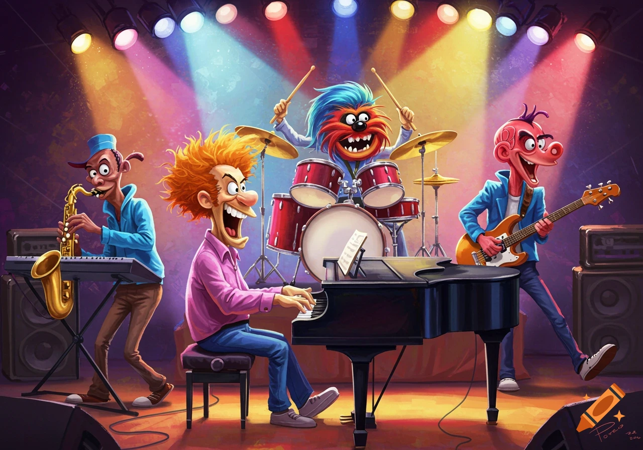 Cartoon band on stage playing music under bright lights. Features characters playing piano, drums, bass, and saxophone/keyboard.