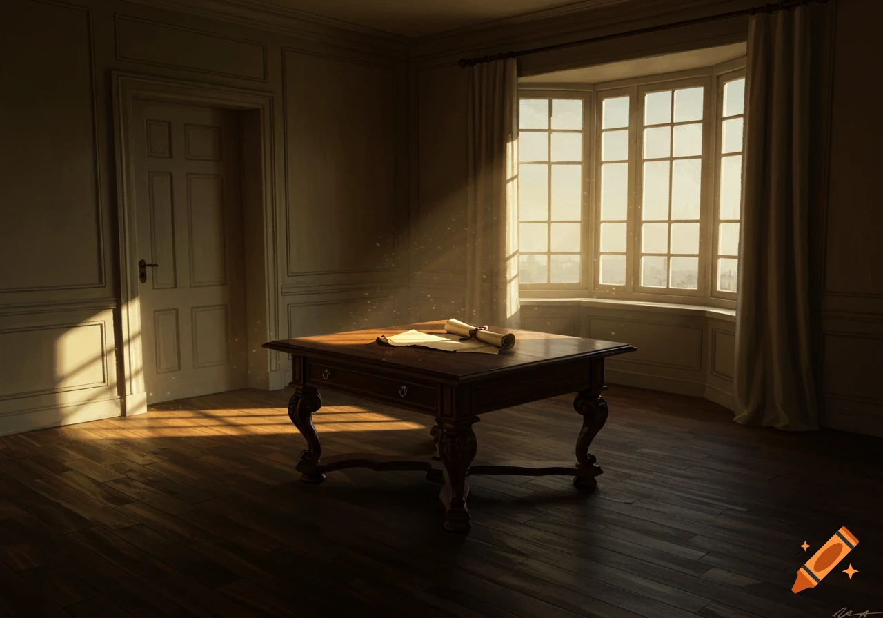 A classical study room with a large wooden desk by a sunlit bay window, scrolls on the desk.