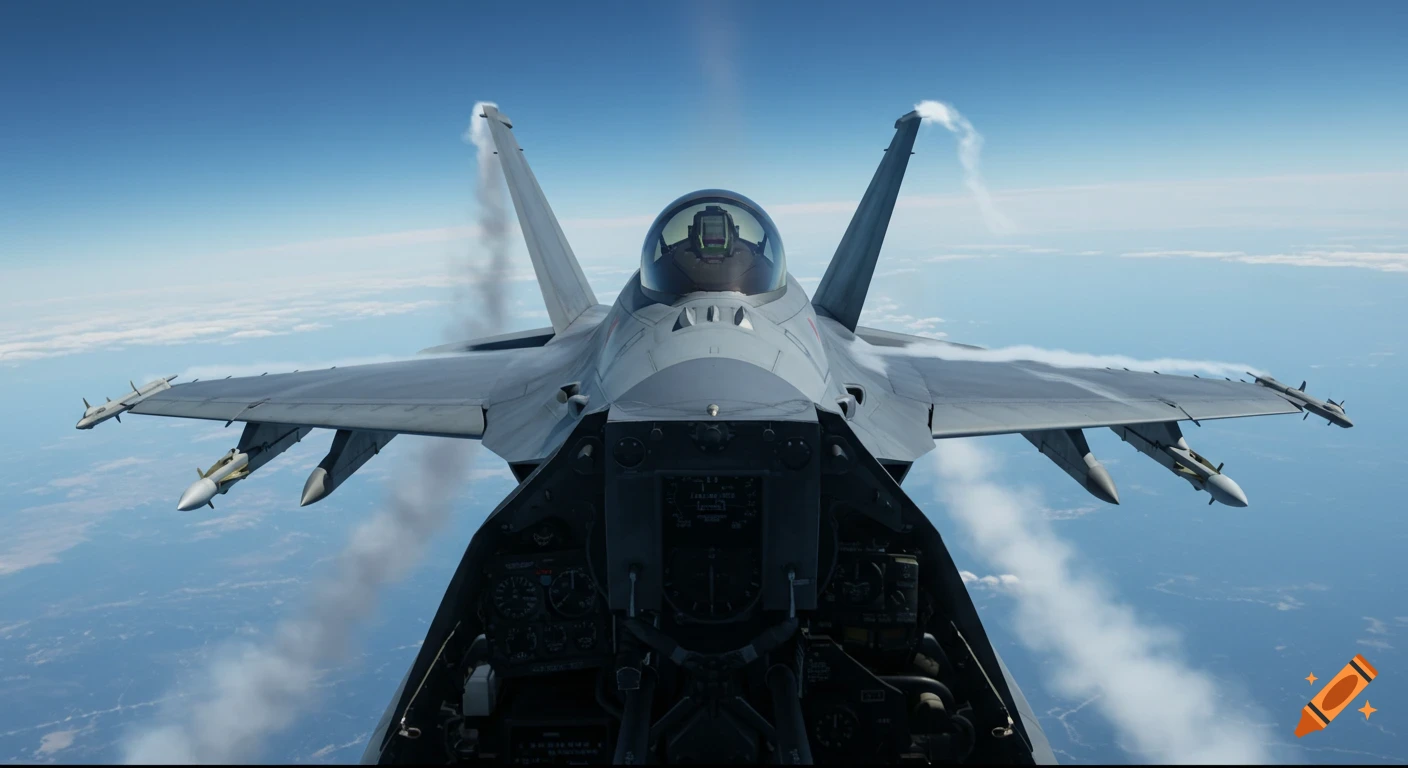 View from a fighter jet cockpit flying high above the clouds with missiles on the wings.
