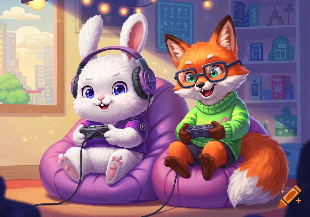 A cute bunny and fox sit on bean bags playing video games.