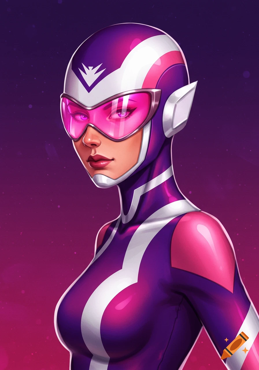 Close-up portrait digital illustration of a female superhero in a purple, pink, and white helmet and suit.