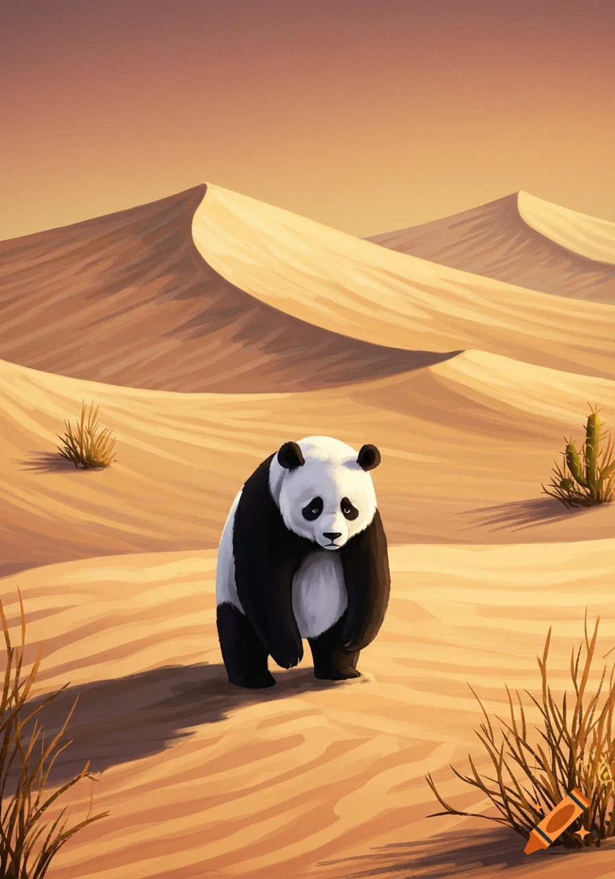 A sad panda stands in a sandy desert landscape with dunes and sparse plants.