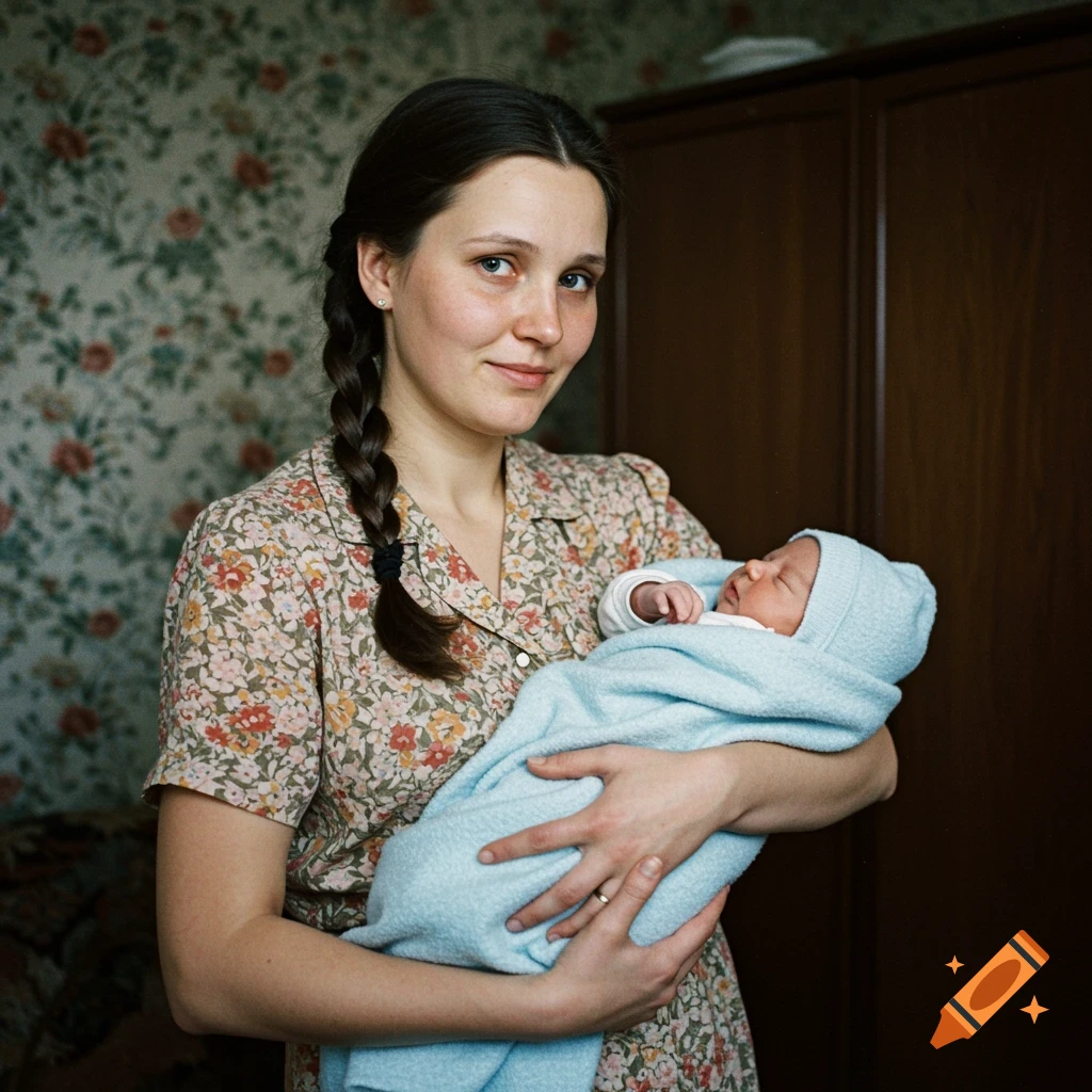 A woman holds a newborn baby in a room with floral wallpaper.