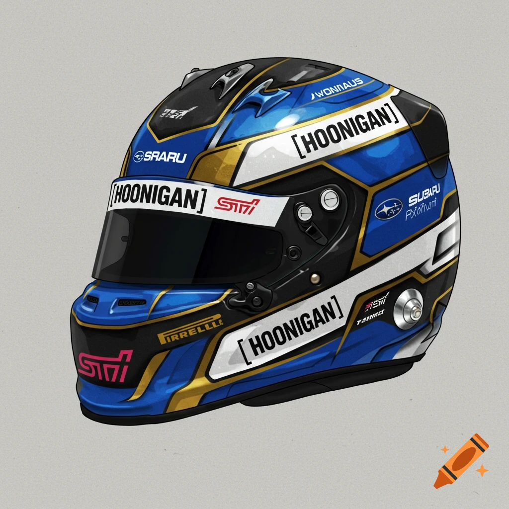 A detailed illustration of a racing helmet in blue, gold, white, and black with Subaru STI and Hoonigan branding.