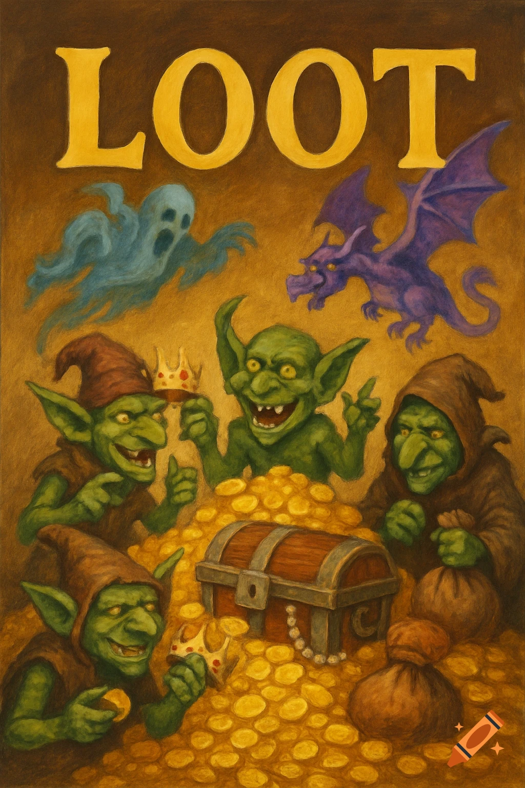 Cartoon illustration of goblins, ghost, and dragon with a treasure chest and gold coins, text reads LOOT.