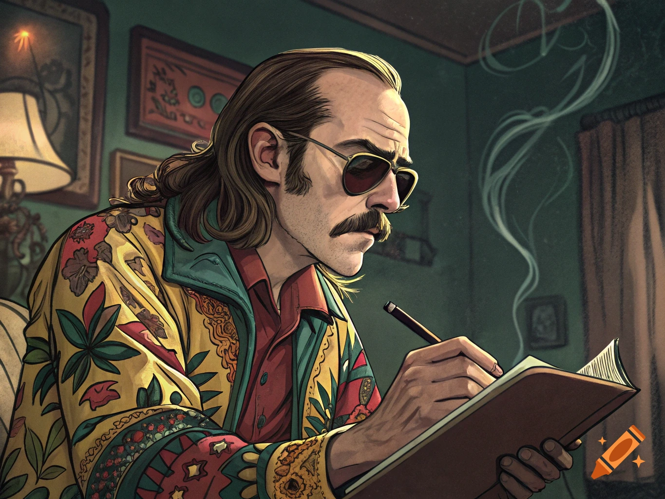 A man resembling Hunter S. Thompson, wearing sunglasses and a colorful jacket, writes in a notebook, in a graphic novel style.