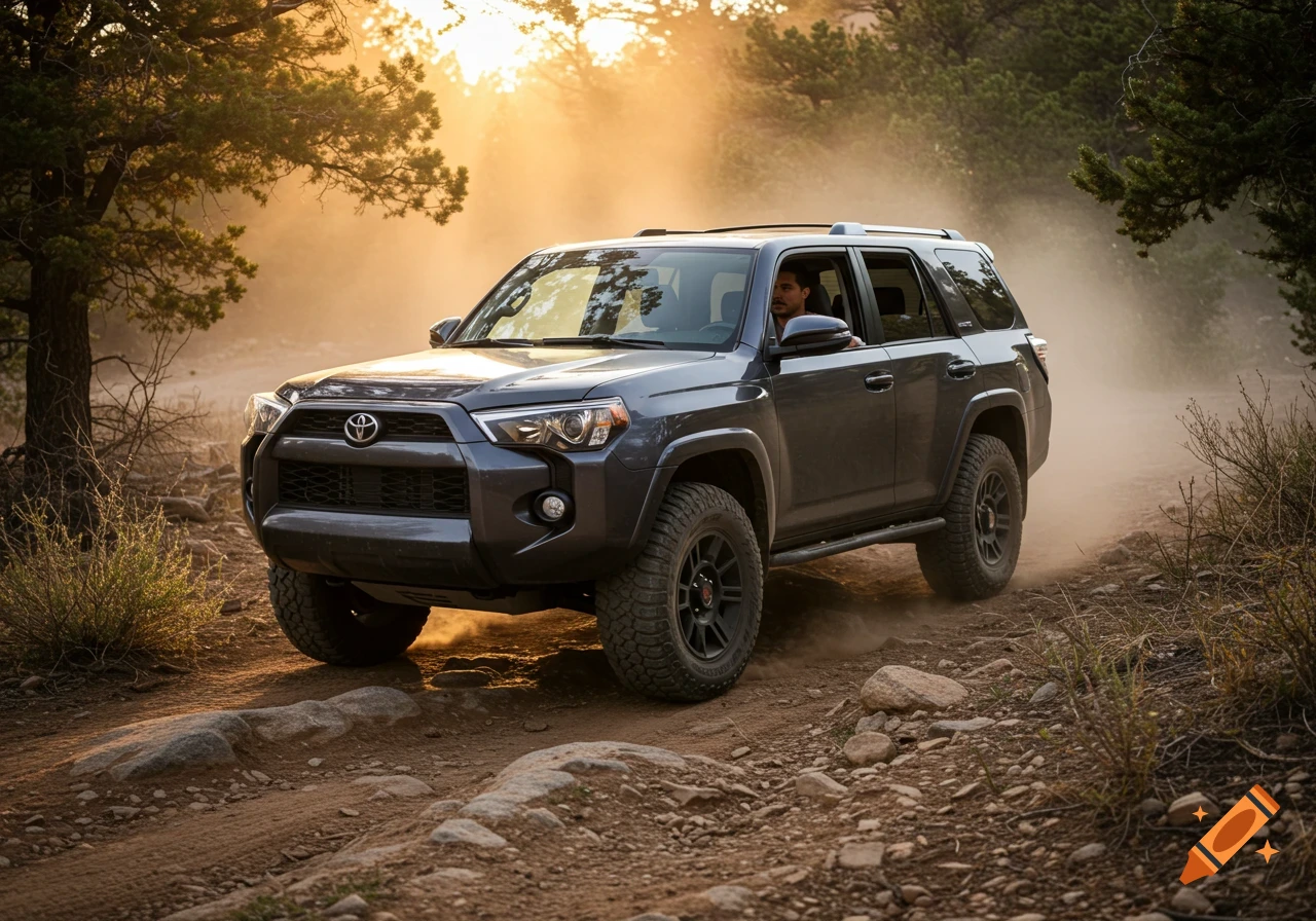 Grey Toyota 4Runner driving on a dusty off-road trail with a driver at sunset