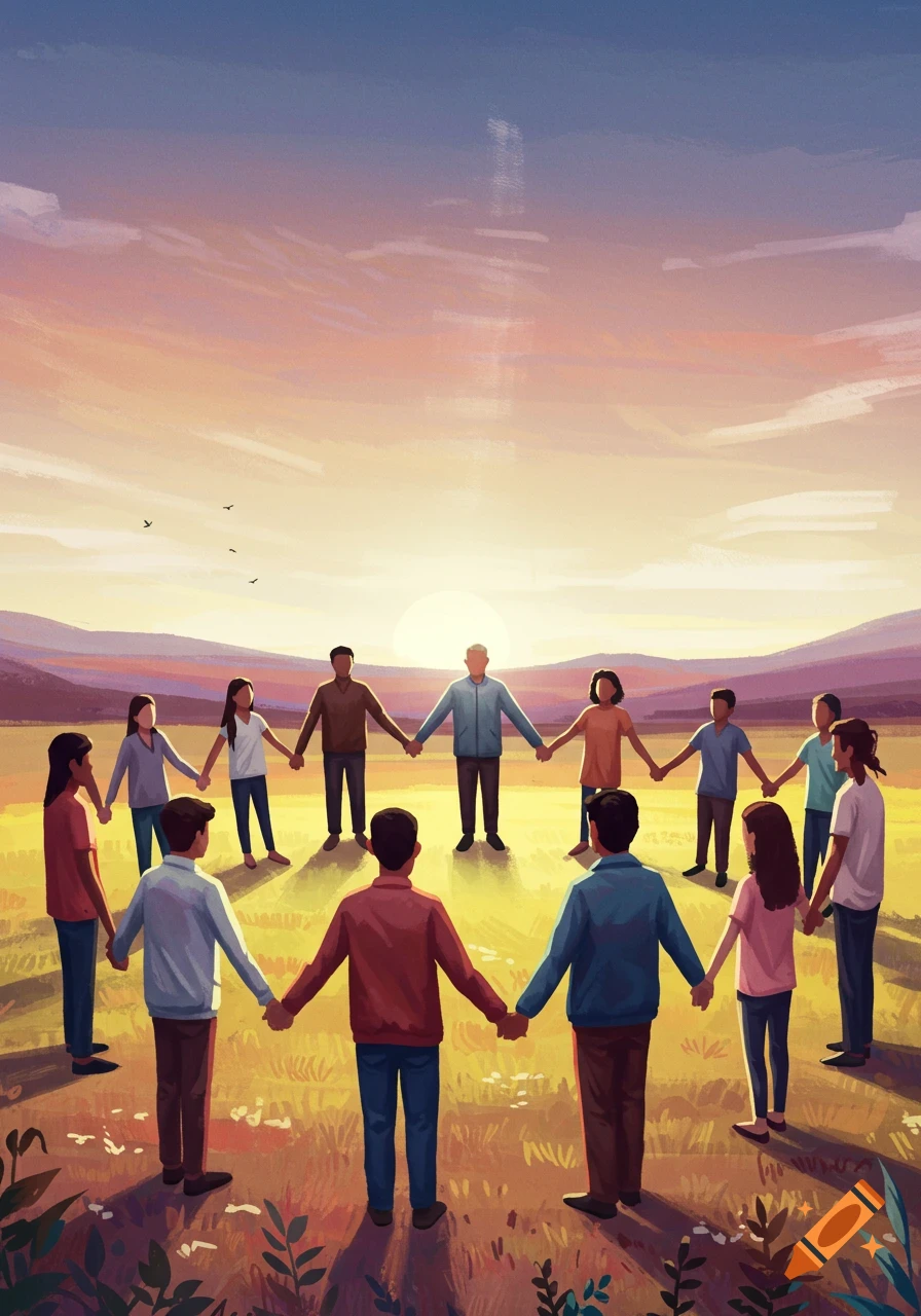 Diverse group holding hands in a circle in a field at sunset, stylized illustration.